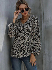 Puff Sleeve Leopard Casual V-Neck Loose Long-sleeved Top - 808Lush