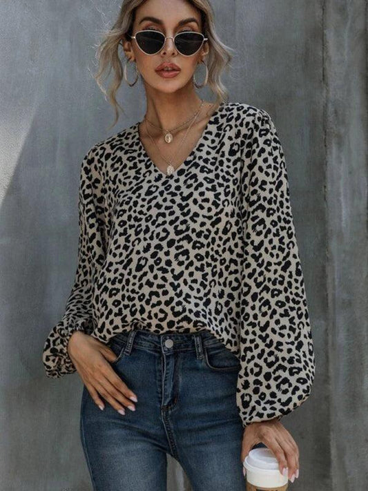 Puff Sleeve Leopard Casual V-Neck Loose Long-sleeved Top - 808Lush