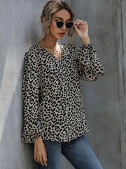 Puff Sleeve Leopard Casual V-Neck Loose Long-sleeved Top - 808Lush