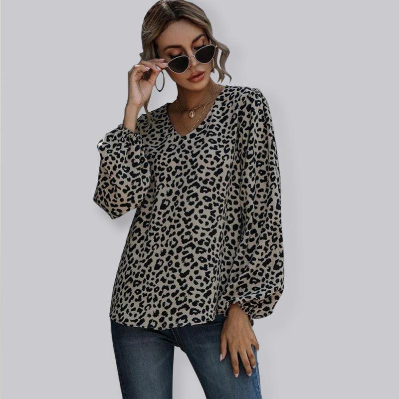 Puff Sleeve Leopard Casual V-Neck Loose Long-sleeved Top - 808Lush