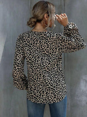 Puff Sleeve Leopard Casual V-Neck Loose Long-sleeved Top - 808Lush