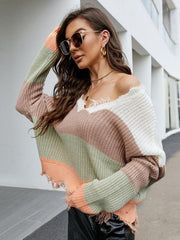 Pullover Cropped V Neck Leopard Fringe Knit Sweater - 808Lush