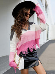 Pullover Cropped V Neck Leopard Fringe Knit Sweater - 808Lush