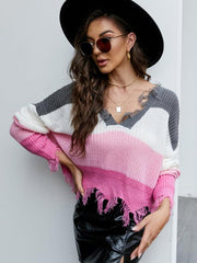 Pullover Cropped V Neck Leopard Fringe Knit Sweater - 808Lush