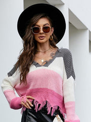 Pullover Cropped V Neck Leopard Fringe Knit Sweater - 808Lush