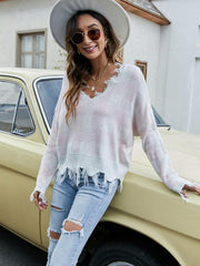 Pullover Cropped V Neck Leopard Fringe Knit Sweater - 808Lush