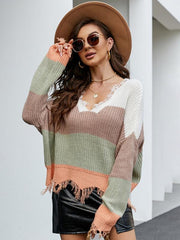 Pullover Cropped V Neck Leopard Fringe Knit Sweater - 808Lush