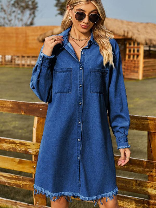 Retro Washed Denim Loose Casual Long Sleeve Raw Edge Dress - 808Lush