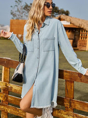 Retro Washed Denim Loose Casual Long Sleeve Raw Edge Dress - 808Lush