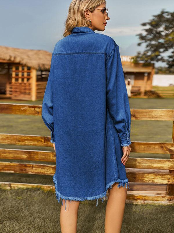 Retro Washed Denim Loose Casual Long Sleeve Raw Edge Dress - 808Lush