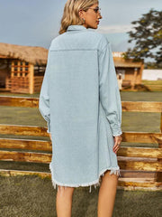 Retro Washed Denim Loose Casual Long Sleeve Raw Edge Dress - 808Lush