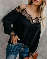 Sexy Lace Splice Chiffon Long Sleeve V-Neck Top Solid T-Shirt - 808Lush