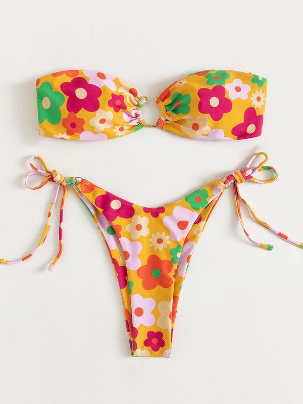 Sweet Flower Print Sexy Metal Buckle Bikini - 808Lush