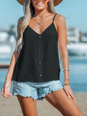 V-neck button texture strap T-shirt top - 808Lush