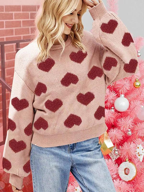 Valentine's Day loose sweet love jacquard pullover sweater - 808Lush