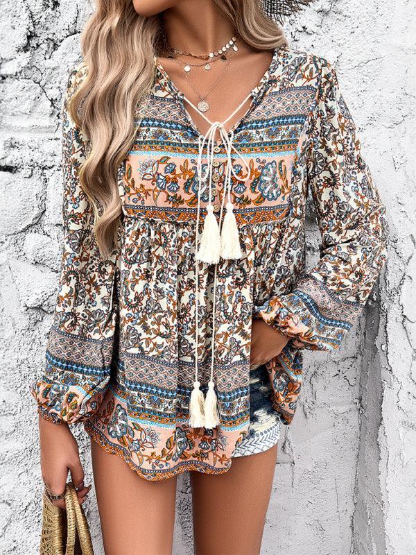 Women's Casual Bohemian Print Long Sleeve Top - 808Lush