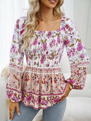 Women's Floral Square Neck Long Sleeve Top - 808Lush