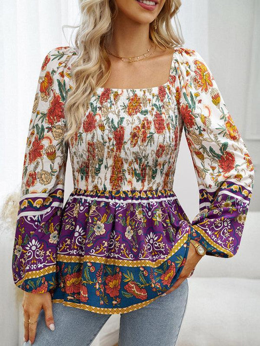 Women's Floral Square Neck Long Sleeve Top - 808Lush