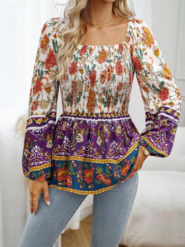 Women's Floral Square Neck Long Sleeve Top - 808Lush