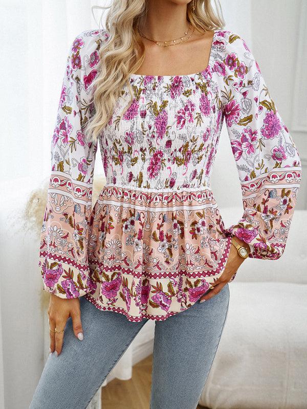 Women's Floral Square Neck Long Sleeve Top - 808Lush