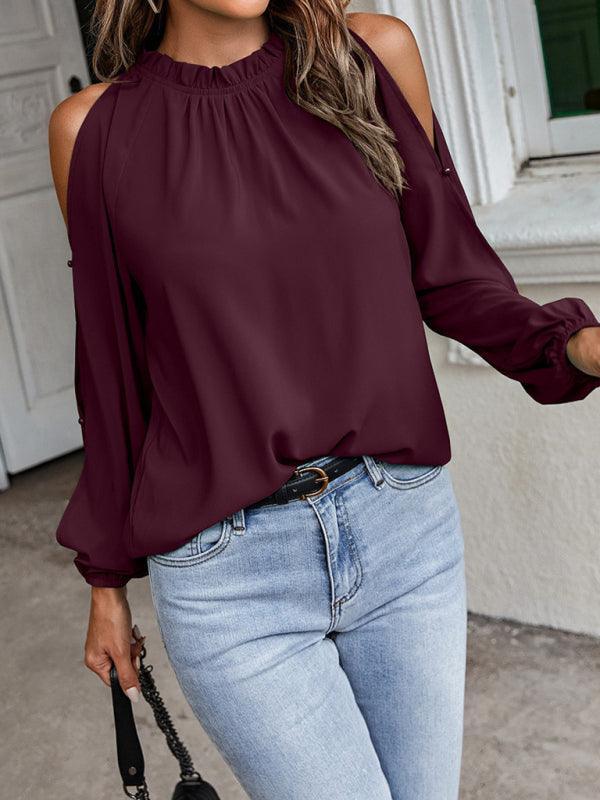 Ruffle Round Neck Long Sleeve Gathered Strapless Fashion Top - 808Lush