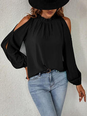 Ruffle Round Neck Long Sleeve Gathered Strapless Fashion Top - 808Lush