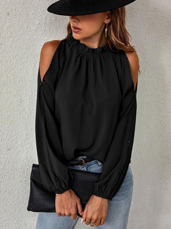 Ruffle Round Neck Long Sleeve Gathered Strapless Fashion Top - 808Lush