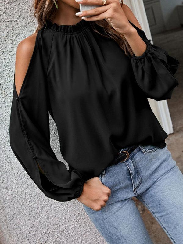 Ruffle Round Neck Long Sleeve Gathered Strapless Fashion Top - 808Lush