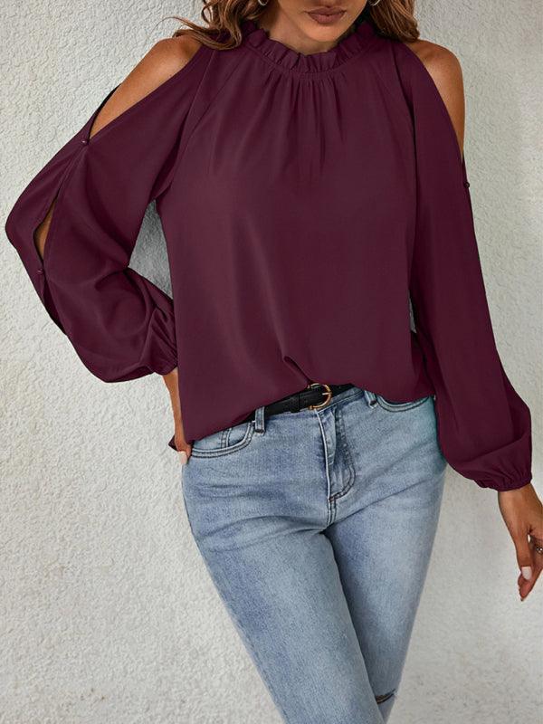 Ruffle Round Neck Long Sleeve Gathered Strapless Fashion Top - 808Lush