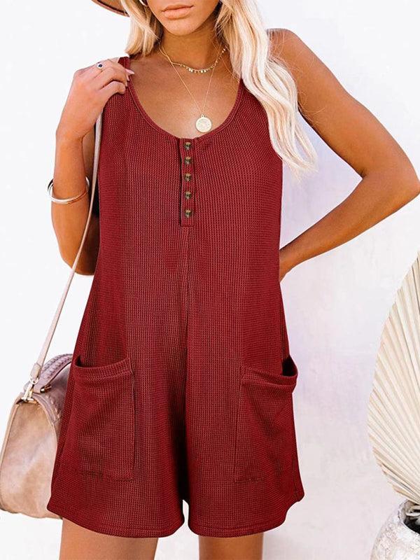 Solid Color Button Pocket Vest Jumpsuit - 808Lush