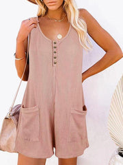 Solid Color Button Pocket Vest Jumpsuit - 808Lush