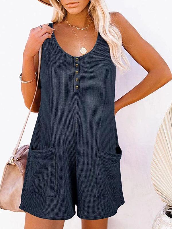 Solid Color Button Pocket Vest Jumpsuit - 808Lush