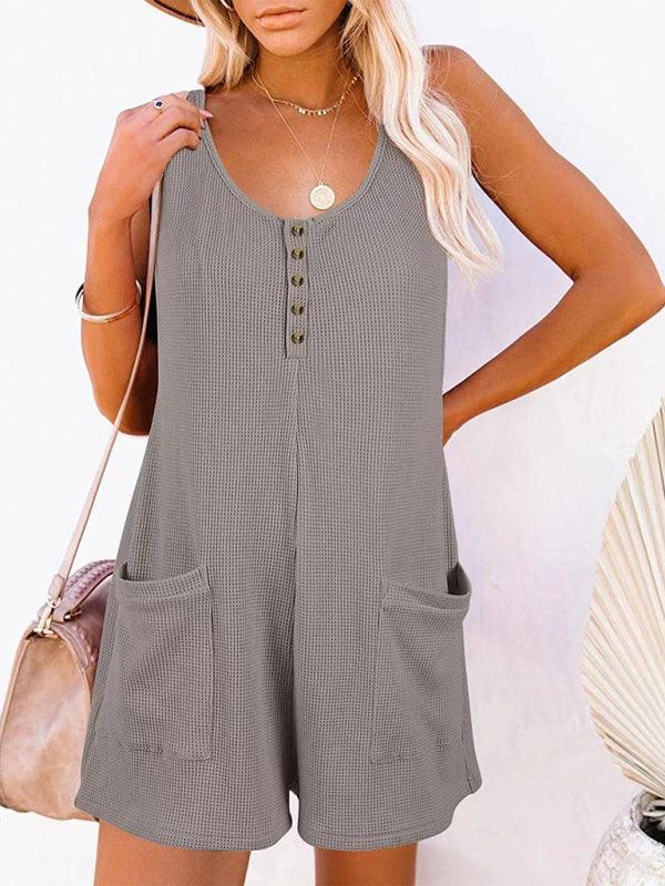 Solid Color Button Pocket Vest Jumpsuit - 808Lush