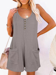 Solid Color Button Pocket Vest Jumpsuit - 808Lush