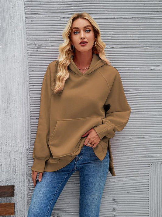 fashionable hooded long-sleeved side slit sweatshirt - 808Lush