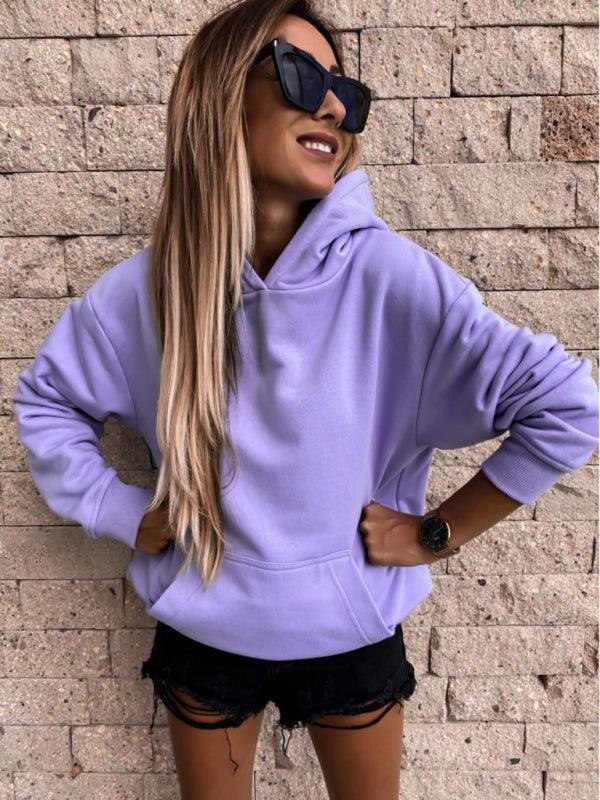 long-sleeved solid color pullover hooded sweatshirt top - 808Lush