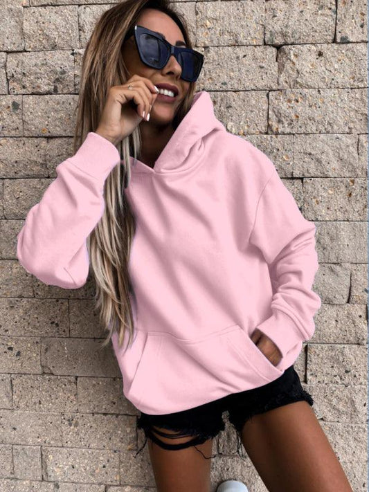 long-sleeved solid color pullover hooded sweatshirt top - 808Lush