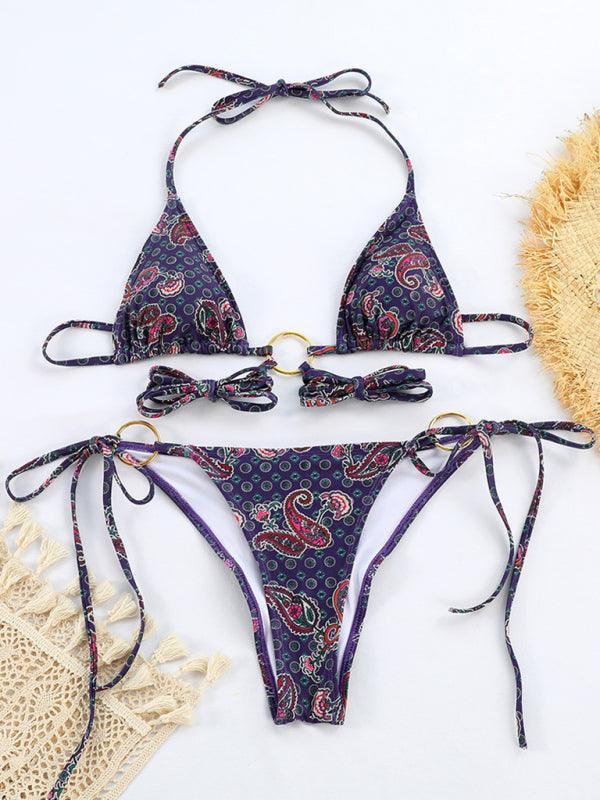 bikini sexy metal three-ring printed strappy split swimsuit - 808Lush