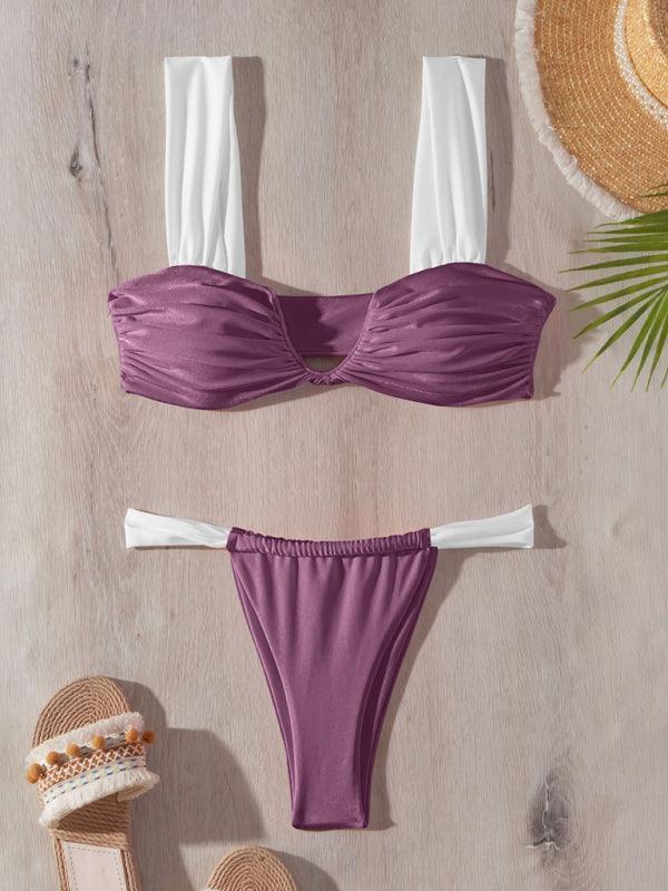 bikini sexy solid color push up V pleated swimsuit - 808Lush