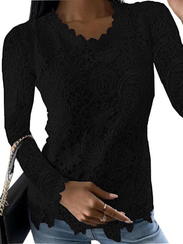 casual lace simple and elegant long-sleeved top - 808Lush