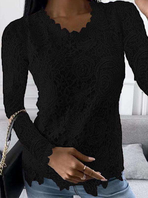 casual lace simple and elegant long-sleeved top - 808Lush