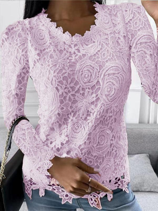 casual lace simple and elegant long-sleeved top - 808Lush