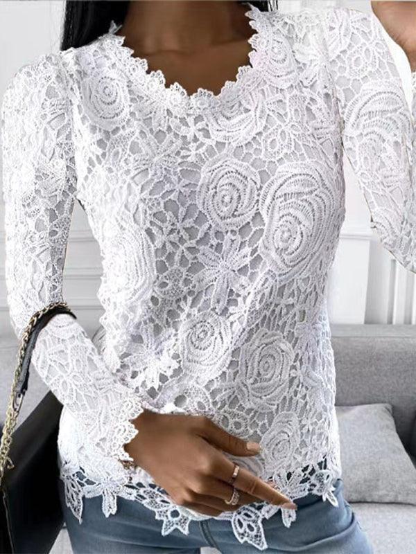 casual lace simple and elegant long-sleeved top - 808Lush