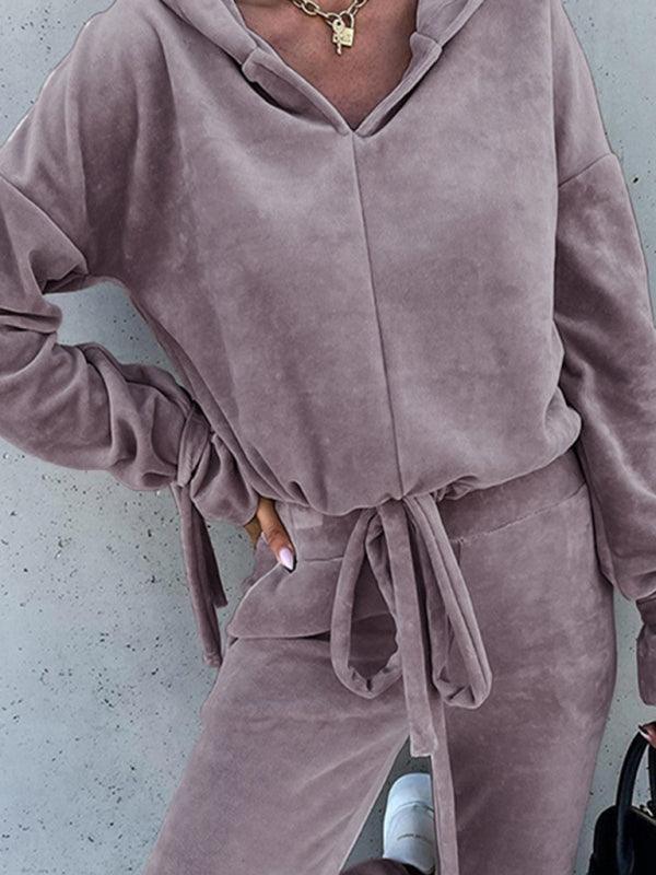 casual long-sleeved solid color hooded sweater two-piece set - 808Lush