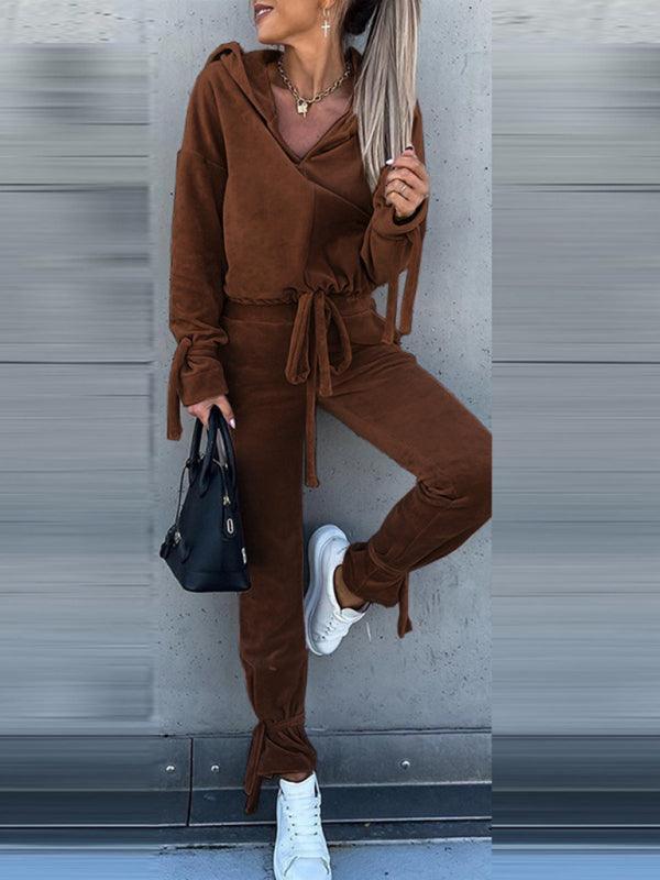 casual long-sleeved solid color hooded sweater two-piece set - 808Lush