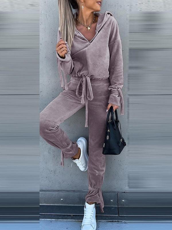 casual long-sleeved solid color hooded sweater two-piece set - 808Lush