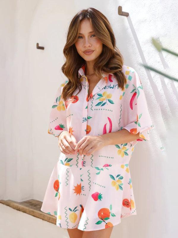 casual simple printed wide-leg casual short jumpsuit - 808Lush