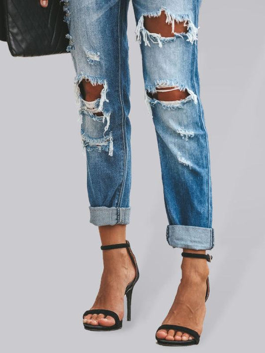 casual washed ripped straight leg street style jeans - 808Lush