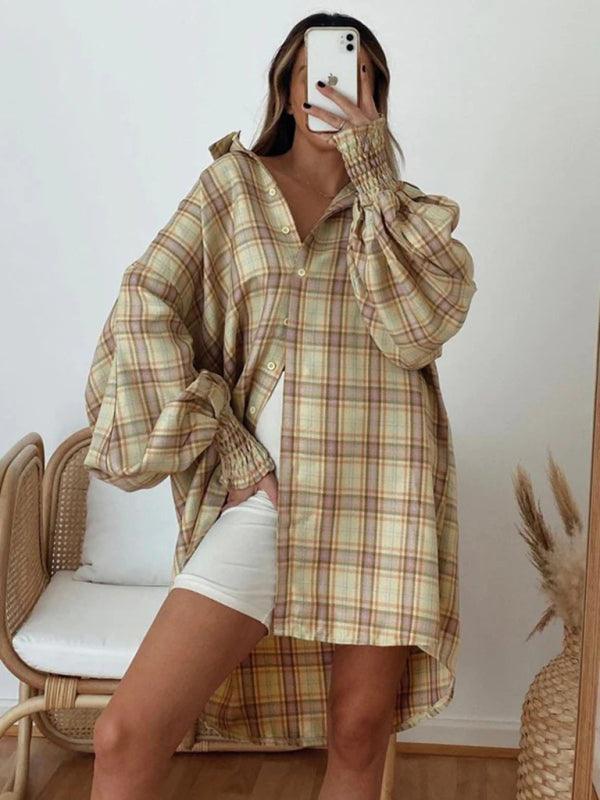 comfortable plaid lantern sleeve long sleeve shirt - 808Lush