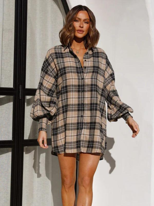 comfortable plaid lantern sleeve long sleeve shirt - 808Lush